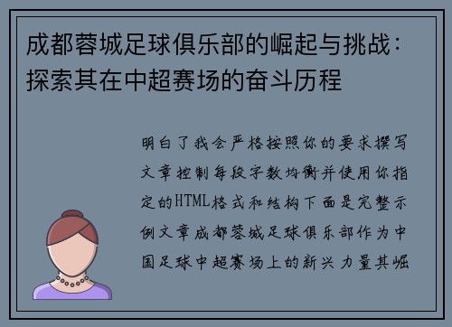 成都蓉城足球俱乐部的崛起与挑战：探索其在中超赛场的奋斗历程