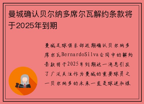 曼城确认贝尔纳多席尔瓦解约条款将于2025年到期 曼城确认贝尔纳多席尔瓦解约条款将于2025年到期