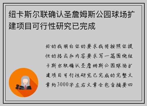 纽卡斯尔联确认圣詹姆斯公园球场扩建项目可行性研究已完成 纽卡斯尔联确认圣詹姆斯公园球场扩建项目可行性研究已完成